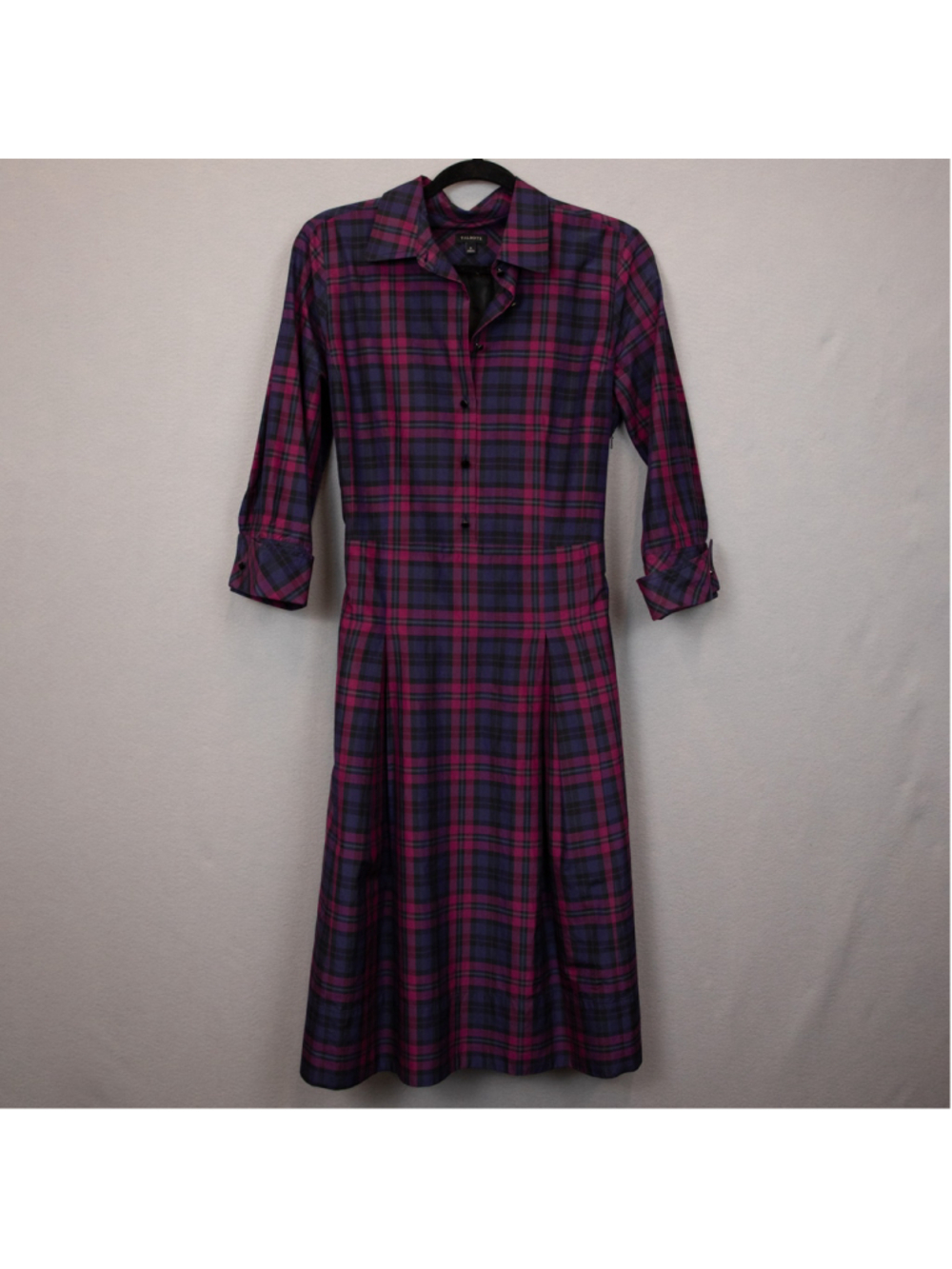 Talbots blue and purple silk blend plaid midi shirt dress-6 - Picture 1 of 7